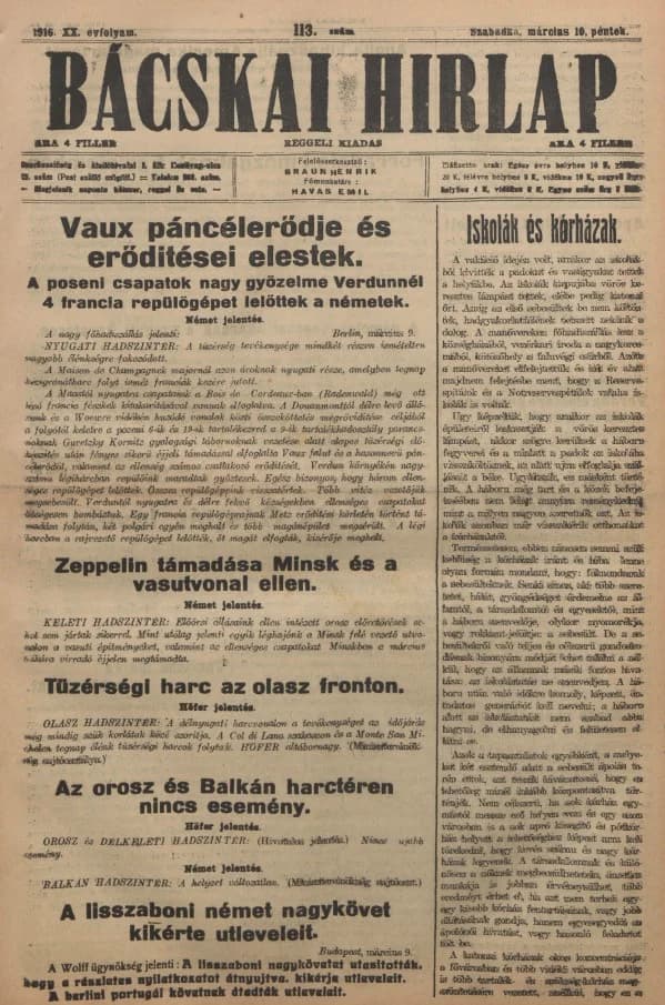 Bácskai Hirlap, 20. évf. 1916. március 10. 113. sz.