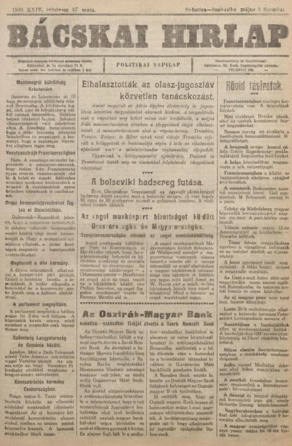 Bácskai Hirlap, 24. évf. 1920. május 8. 57. sz.