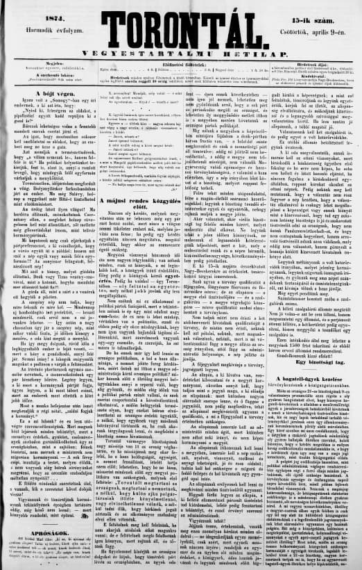 Torontál, 3. évf. 1874. április 9. 15. sz.