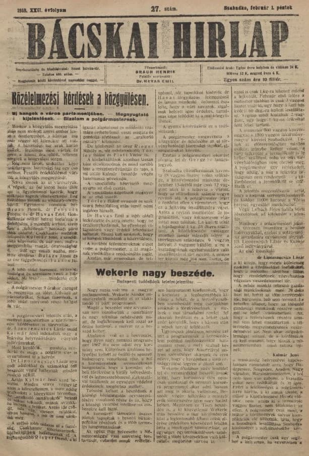 Bácskai Hirlap, 22. évf. 1918. február 1. 27. sz.