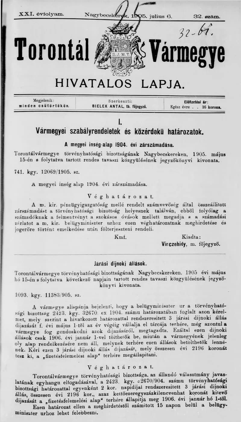 Torontál Vármegye Hivatalos Lapja, 21. évf. 1905. július 6. 32. sz.