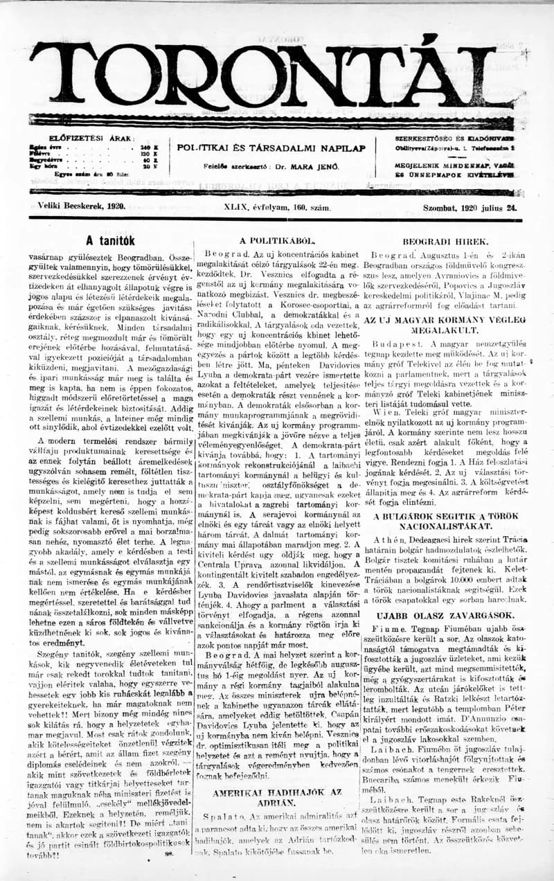 Torontál, 49. évf. 1920. július 24. 160. sz.