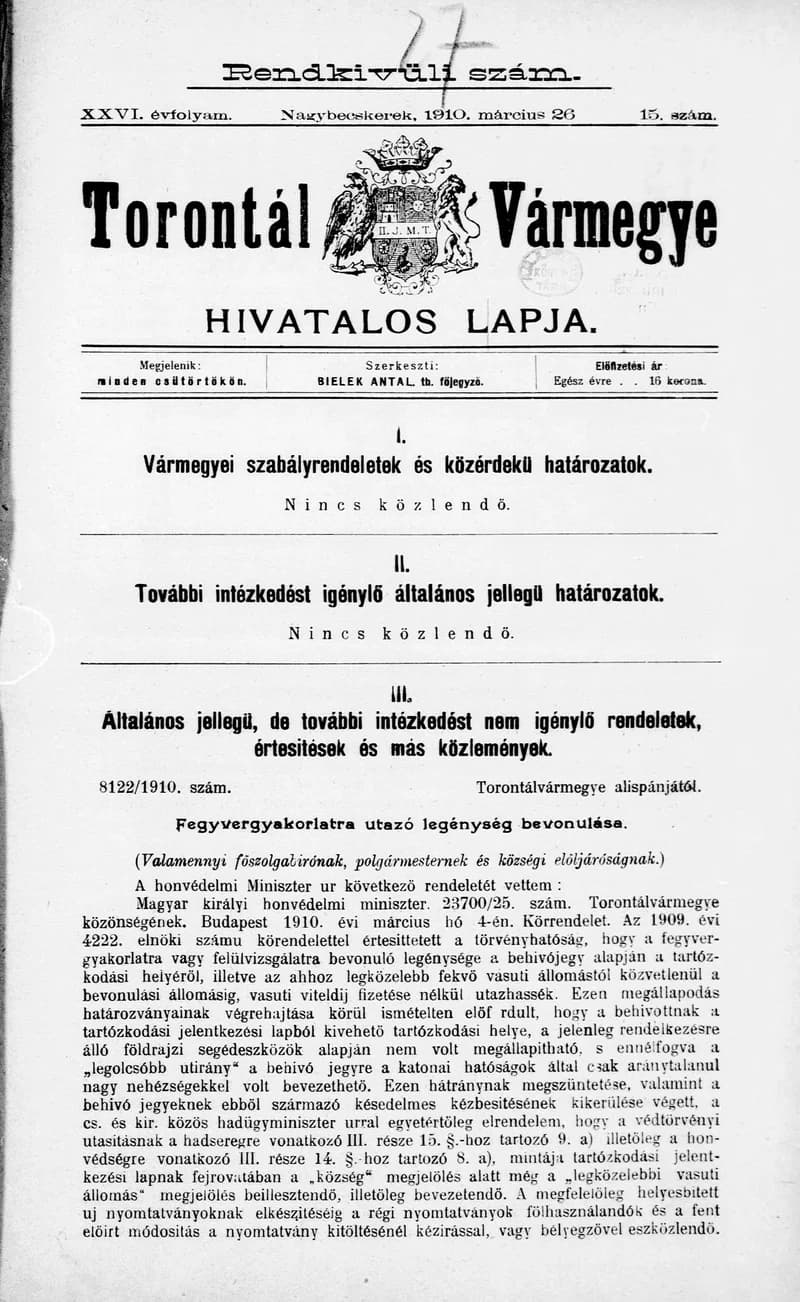 Torontál Vármegye Hivatalos Lapja, 26. évf. 1910. március 26. 15. sz.