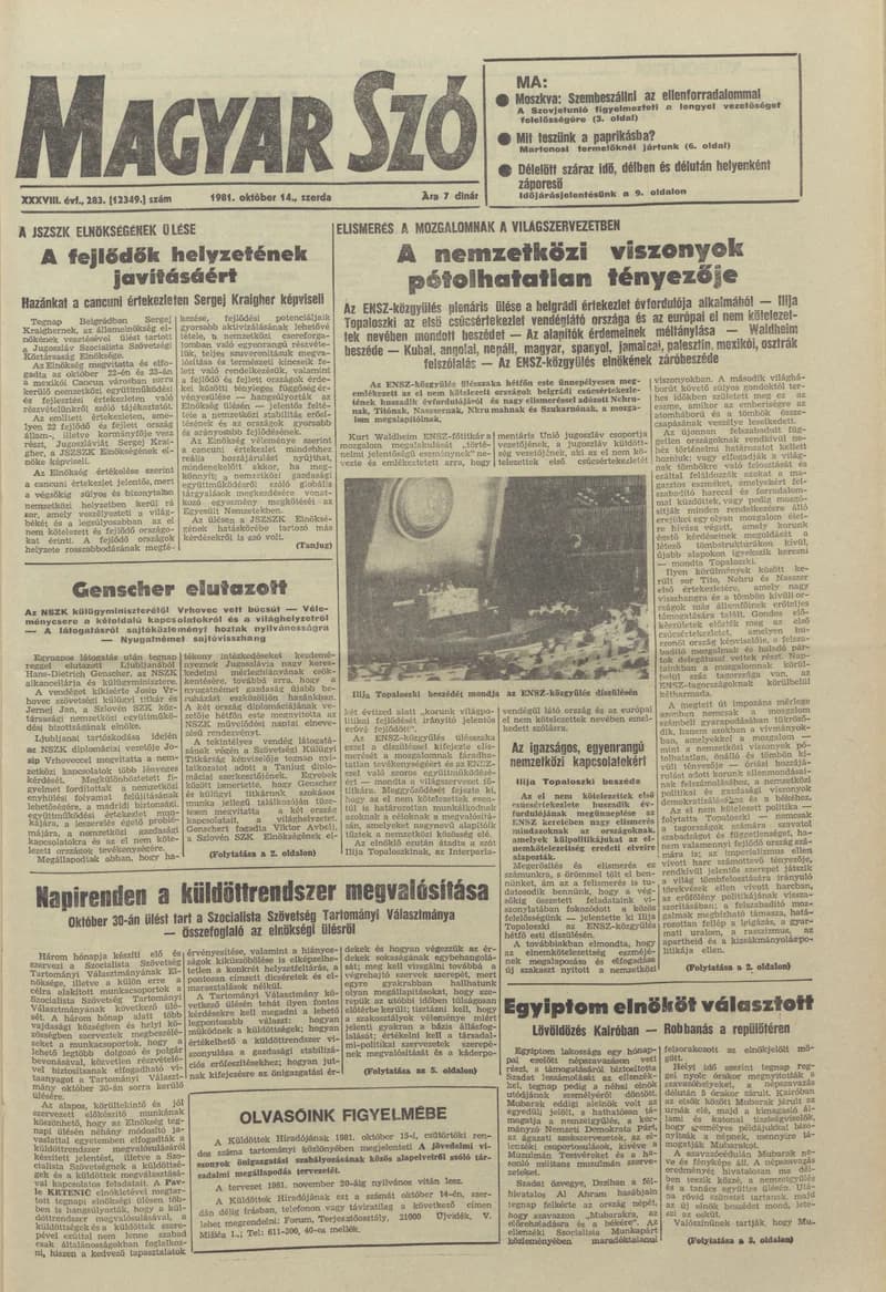 Magyar Szó, 38. évf. 1981. október 14. 283. sz.