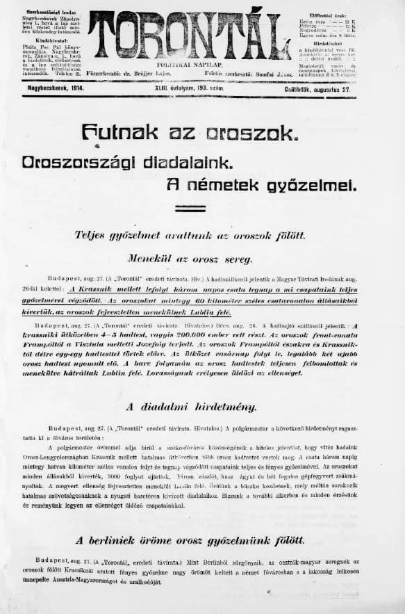 Torontál, 43. évf. 1914. augusztus 27. 193. sz.