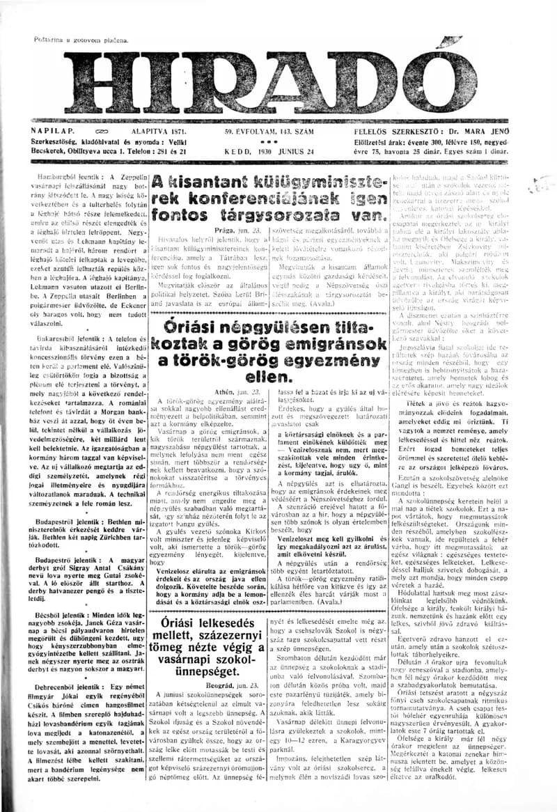 Híradó, 59. évf. 1930. június 24. 143. sz.
