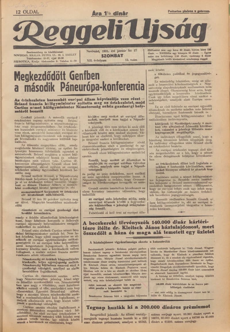 Reggeli Újság, 12. évf. 1931. január 17. 13. sz.