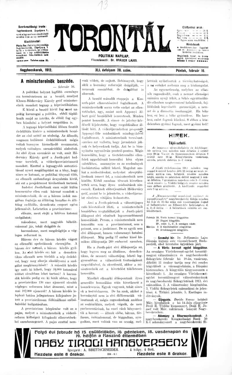 Torontál, 41. évf. 1912. február 16. 38. sz.