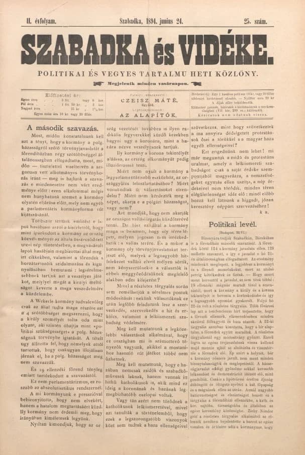Szabadka és vidéke II, 2. évf. 1894. június 24. 25. sz.