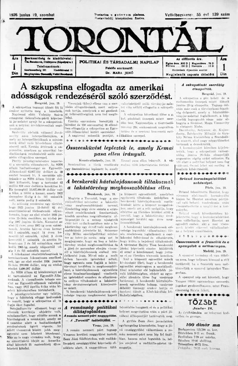 Torontál, 55. évf. 1926. június 19. 139. sz.
