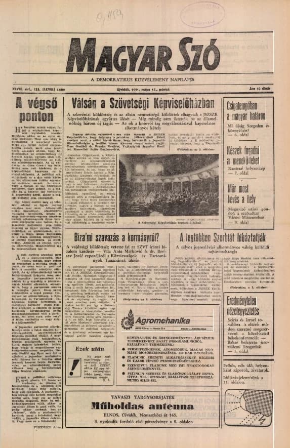 Magyar Szó, 48. évf. 1991. május 17. 133. sz. 1–20. oldal