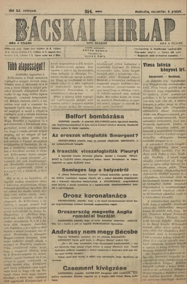 Bácskai Hirlap, 20. évf. 1916. augusztus 4. 354. sz.