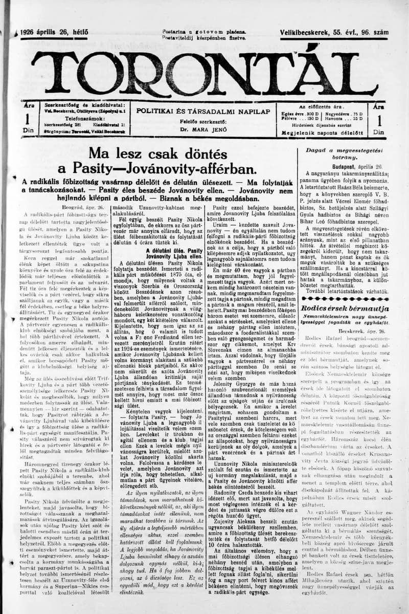 Torontál, 55. évf. 1926. április 26. 96. sz.