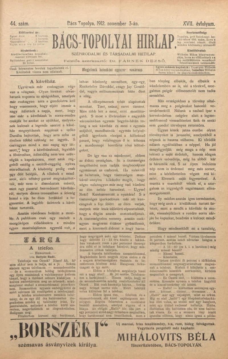 Bács-Topolyai Hirlap, 17. évf. 1912. november 3. 44. sz.