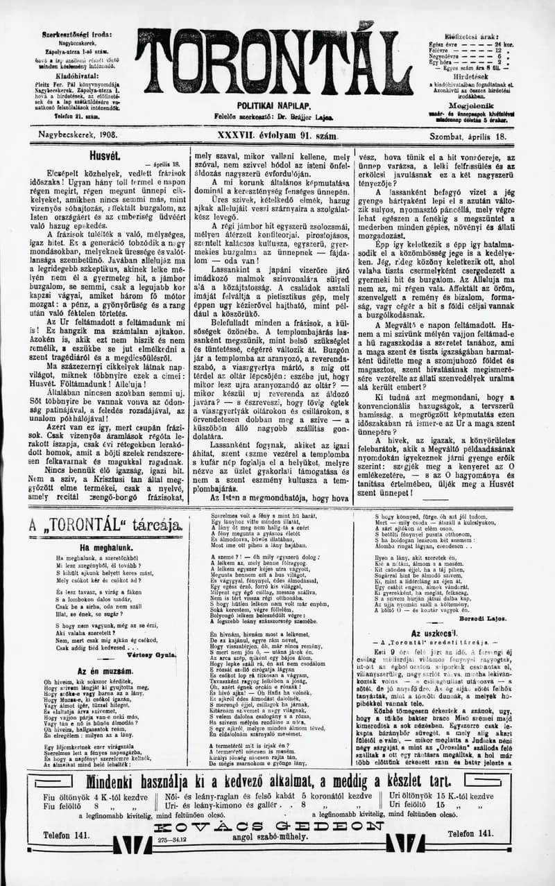 Torontál, 37. évf. 1908. április 18. 91. sz.