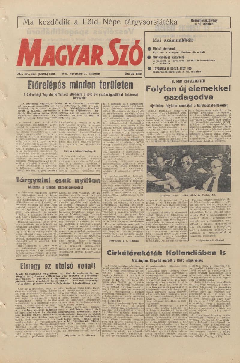 Magyar Szó, 42. évf. 1985. november 3. 303. sz. 1–32. oldal
