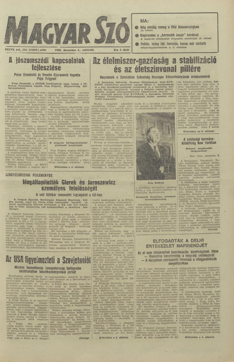Magyar Szó, 37. évf. 1980. december 4. 333. sz. 1–24. oldal