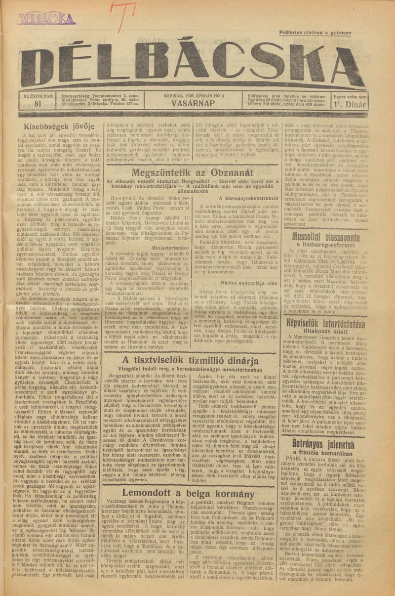 Délbácska, 6. évf. 1925. április 5. 81. sz.
