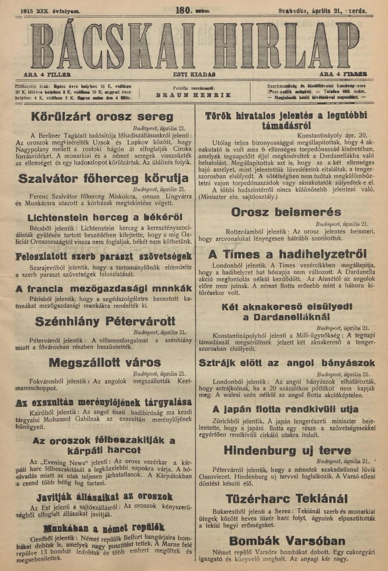 Bácskai Hirlap, 19. évf. 1915. április 21. 180. sz.