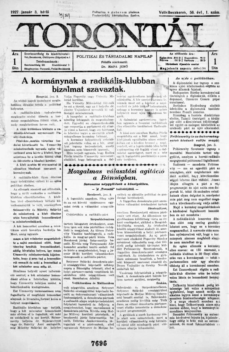 Torontál, 56. évf. 1927. január 3. 1. sz.