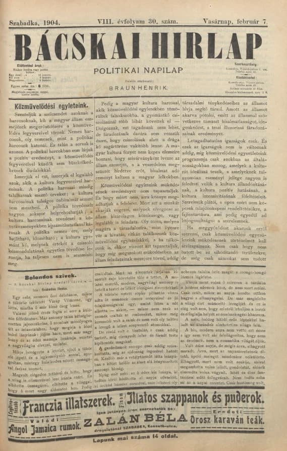 Bácskai Hirlap, 8. évf. 1904. február 7. 30. sz.