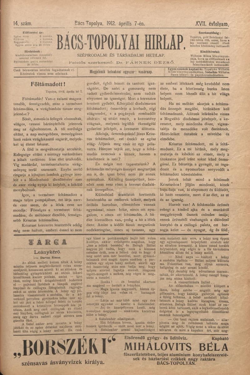 Bács-Topolyai Hirlap, 17. évf. 1912. április 7. 14. sz.