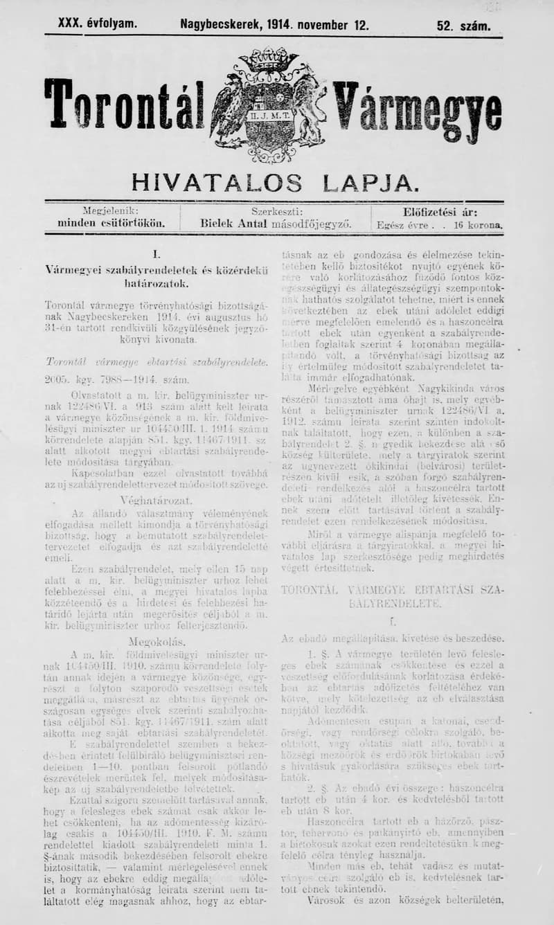 Torontál Vármegye Hivatalos Lapja, 30. évf. 1914. november 12. 52. sz.