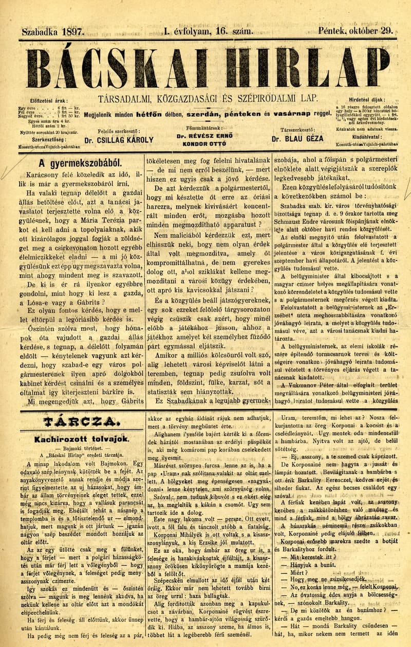 Bácskai Hirlap, 1. évf. 1897. október 29. 16. sz. 1–4. oldal
