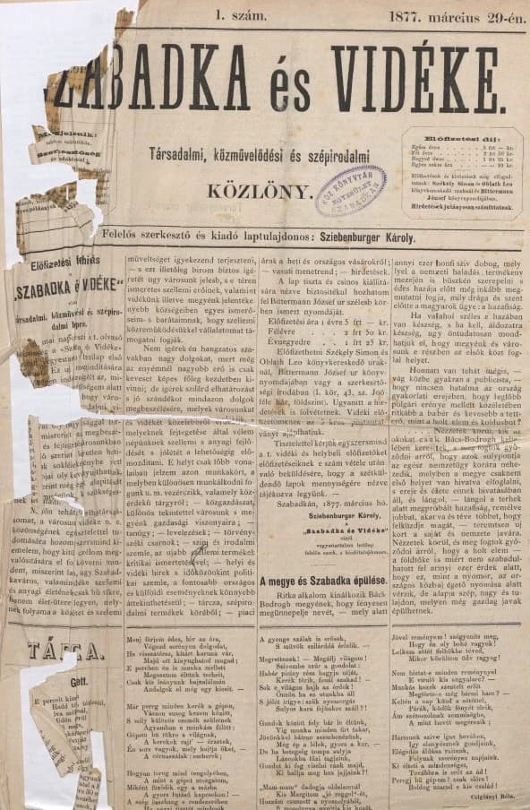 Szabadka és vidéke, 1. évf. 1877. március 29. 1. sz.