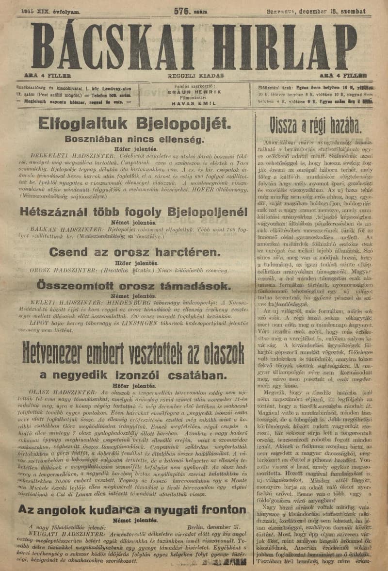 Bácskai Hirlap, 19. évf. 1915. december 18. 576. sz.