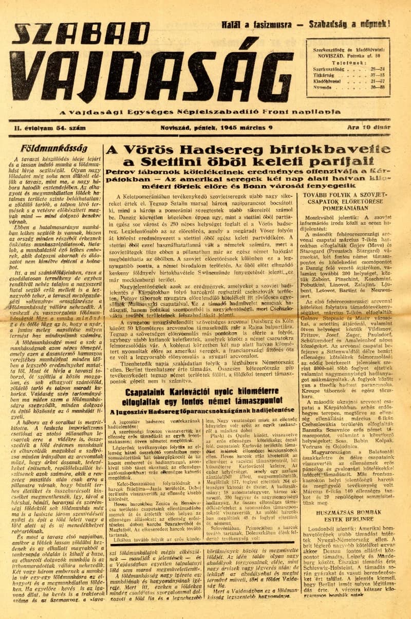 Szabad Vajdaság, 2. évf. 1945. március 9. 54. sz.