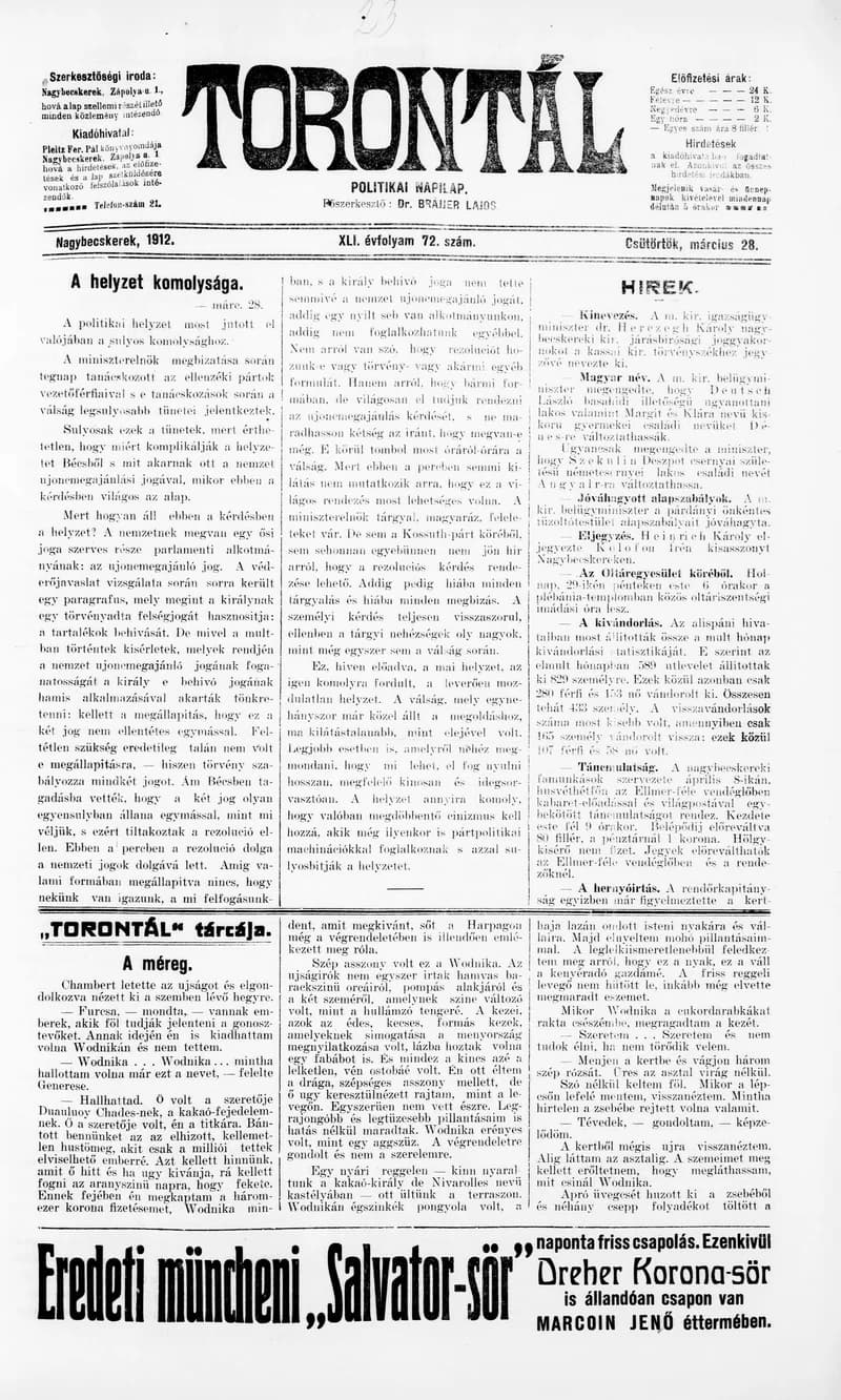 Torontál, 41. évf. 1912. március 28. 72. sz.