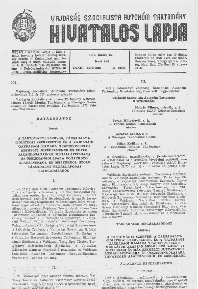 Vajdaság Szocialista Autonóm Tartomány Hivatalos Lapja, 32. évf. 1976. június 15. 14. sz. 441–460. oldal