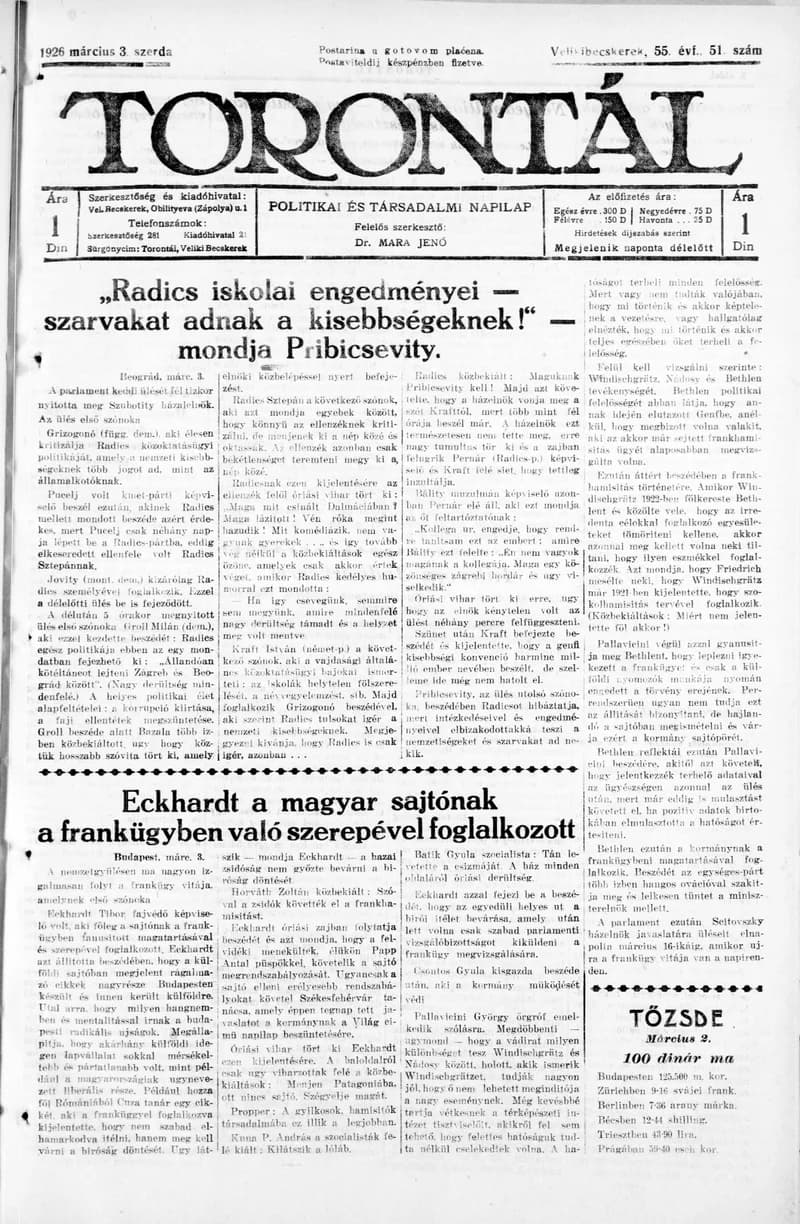 Torontál, 55. évf. 1926. március 3. 51. sz.