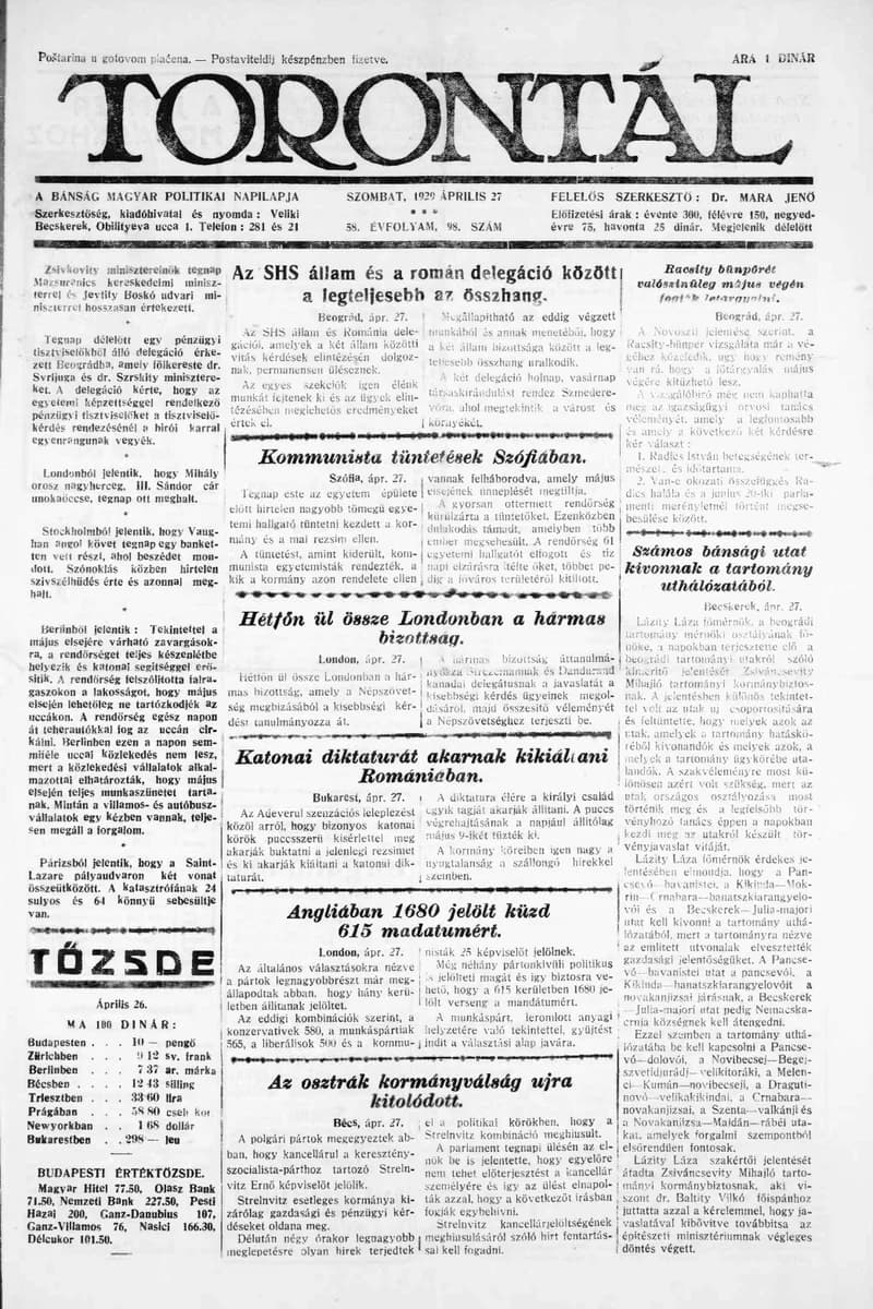 Torontál, 58. évf. 1929. április 27. 98. sz.
