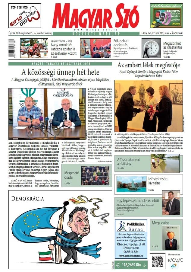 Magyar Szó, 75. évf. 2018. szeptember 15. – 16. 215. sz. 1–42. oldal