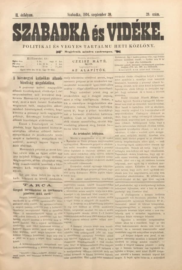 Szabadka és vidéke II, 2. évf. 1894. szeptember 30. 39. sz.