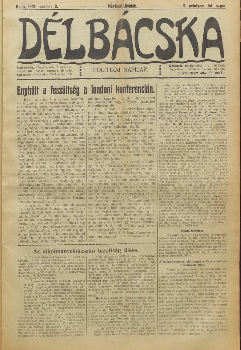 Délbácska, 2. évf. 1921. március 8. 54. sz.