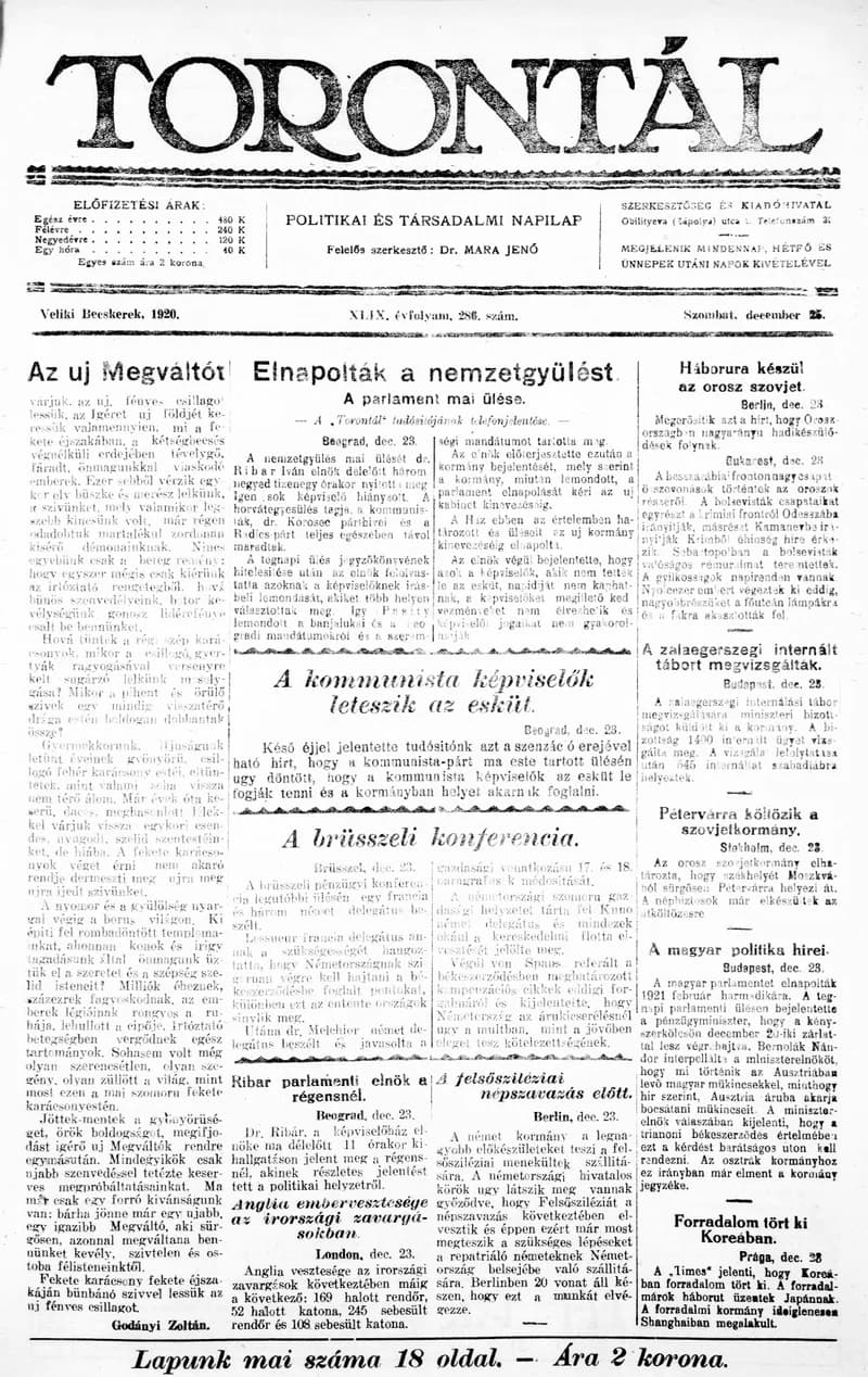 Torontál, 49. évf. 1920. december 25. 286. sz.