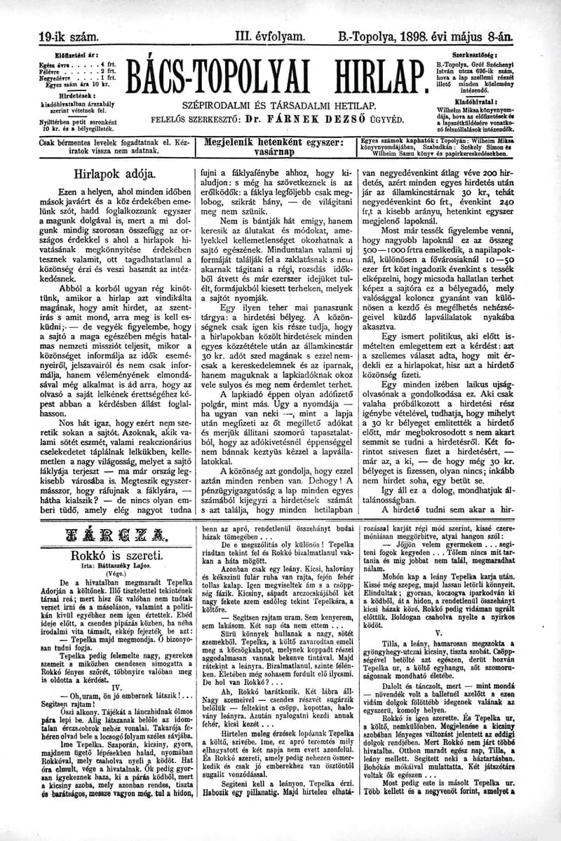 Bács-Topolyai Hirlap, 3. évf. 1898. május 8. 19. sz.