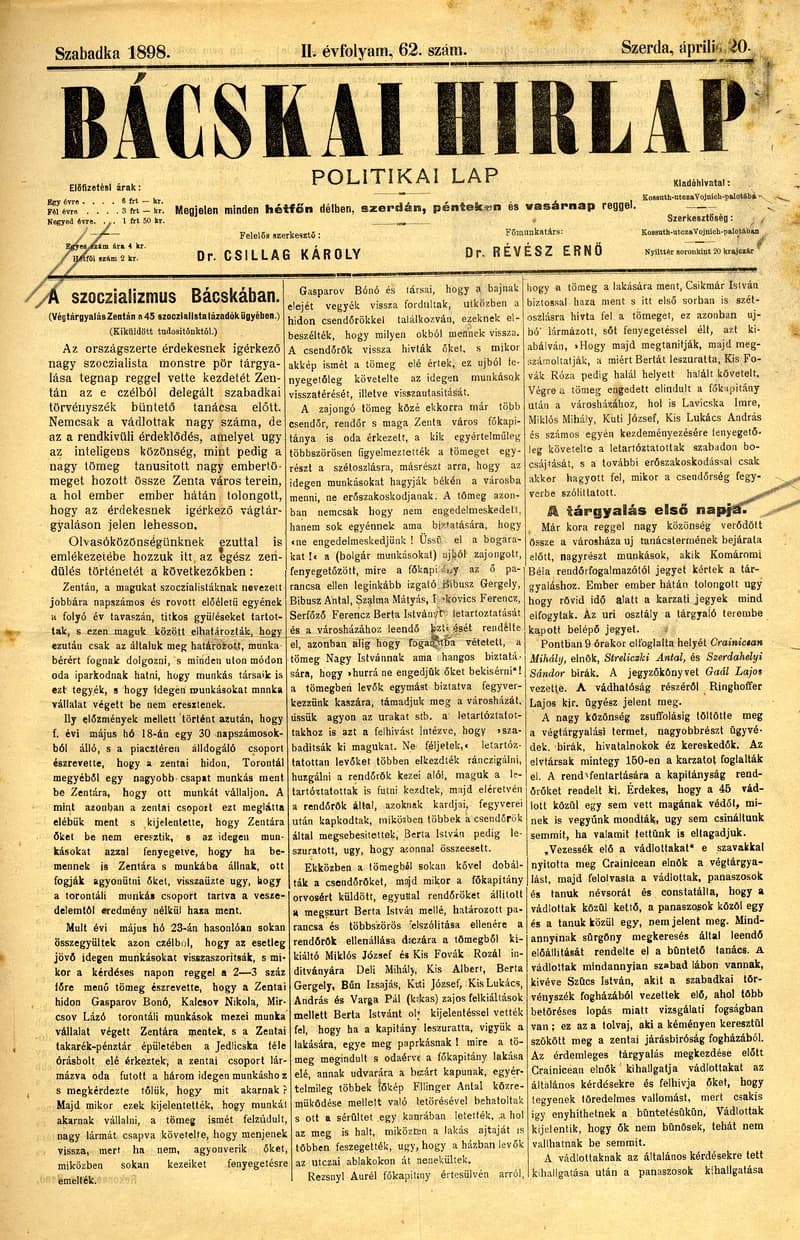 Bácskai Hirlap, 2. évf. 1898. április 20. 62. sz. 1–4. oldal