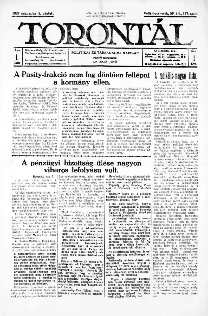 Torontál, 56. évf. 1927. augusztus 5. 177. sz.