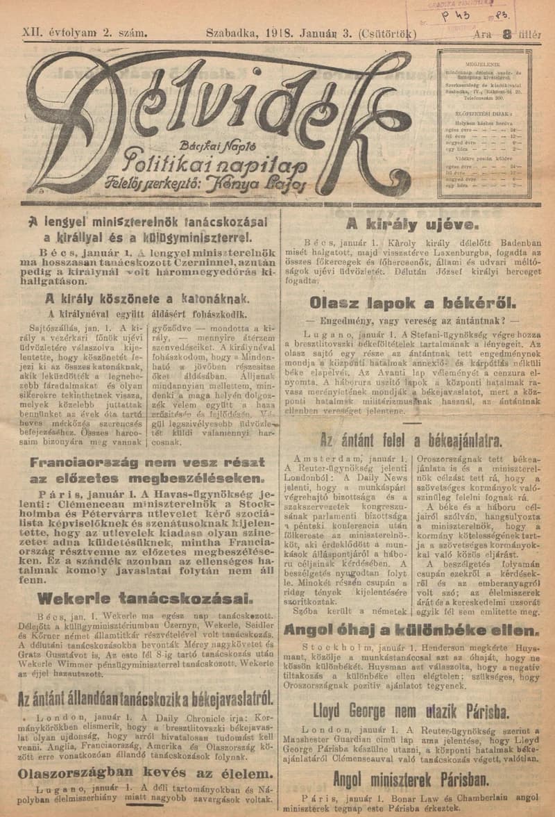 Délvidék, 12. évf. 1918. január 3. 2. sz.
