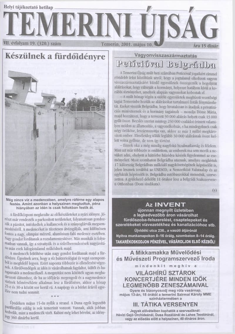 Temerini Újság, 7. évf. 2001. május 10. 19. sz.