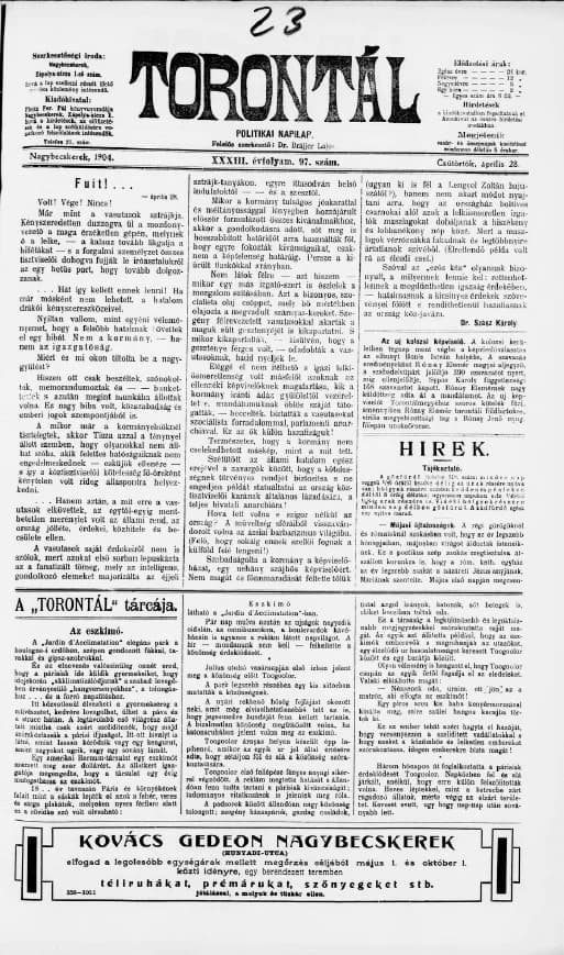 Torontál, 33. évf. 1904. április 28. 97. sz.