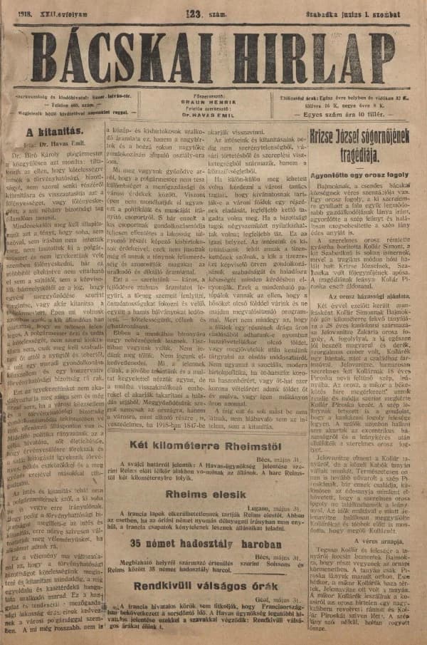 Bácskai Hirlap, 22. évf. 1918. június 1. 123. sz.