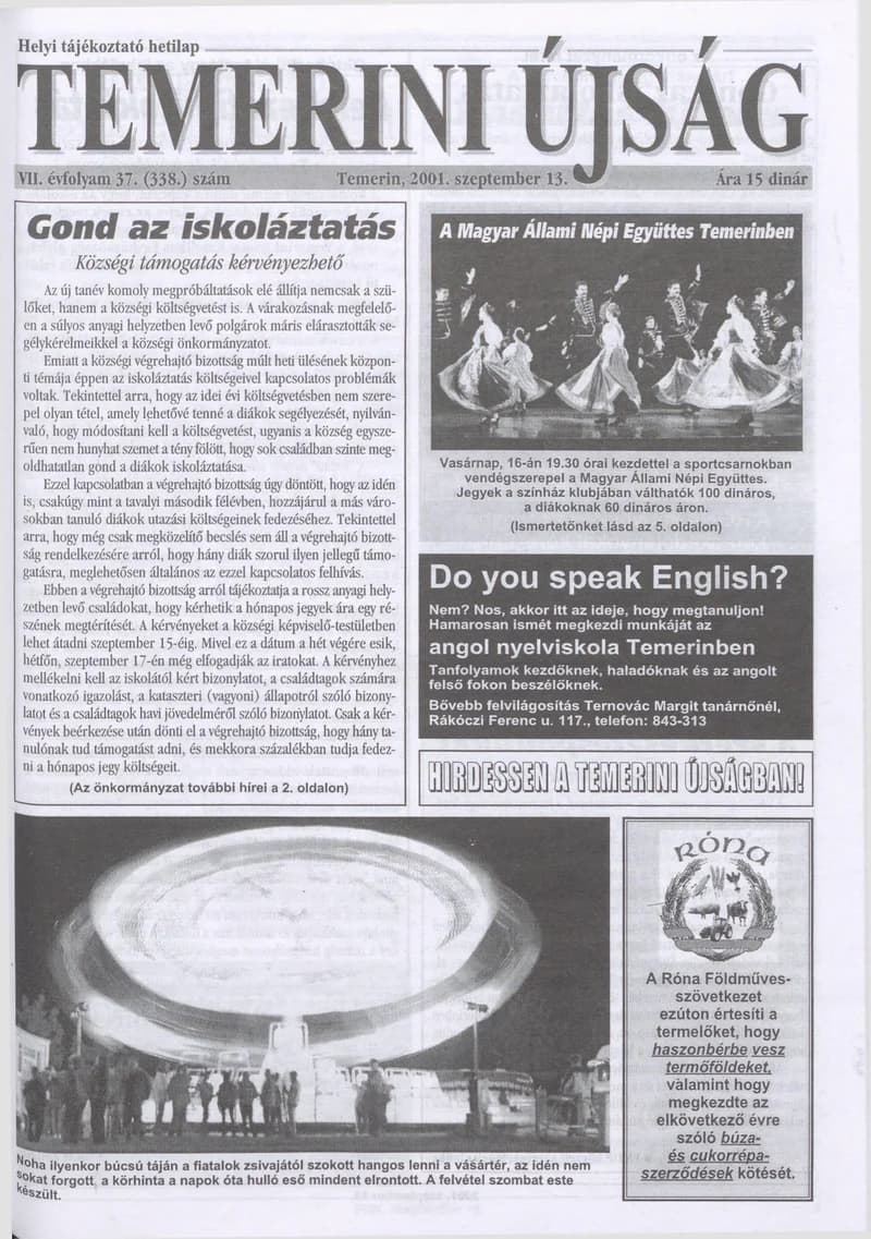 Temerini Újság, 7. évf. 2001. szeptember 13. 37. sz.
