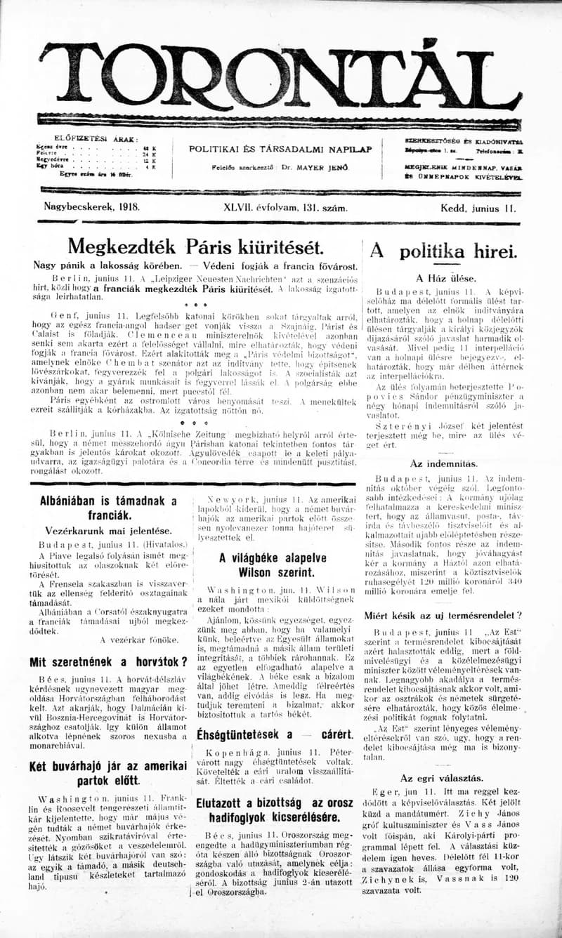 Torontál, 47. évf. 1918. június 11. 131. sz.