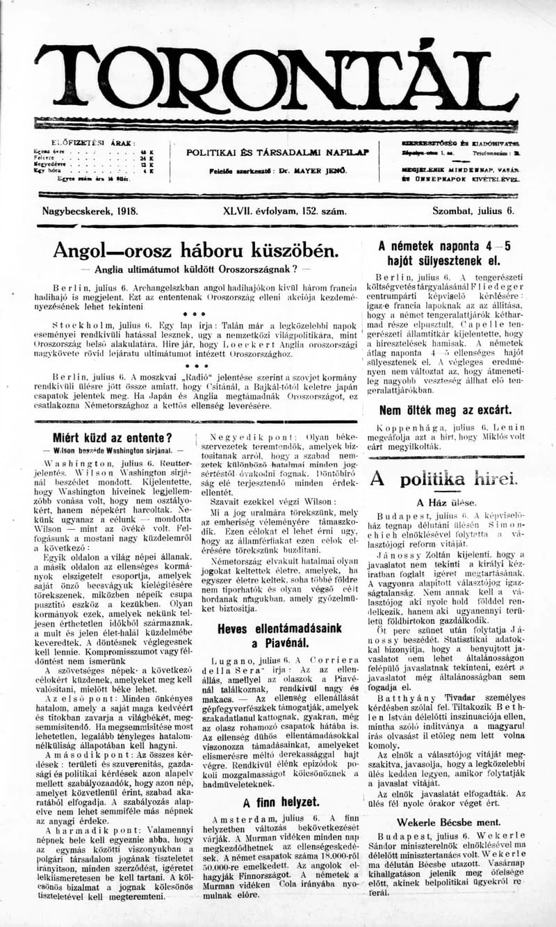 Torontál, 47. évf. 1918. július 6. 152. sz.