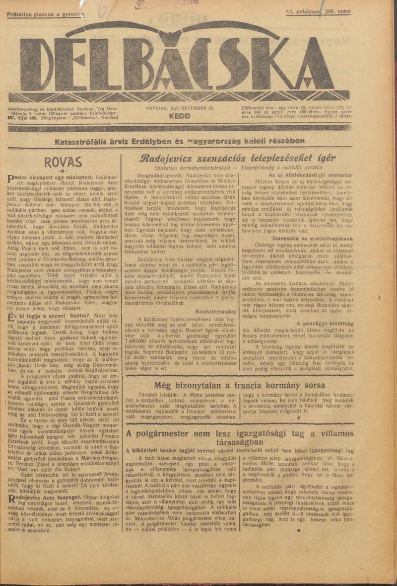Délbácska, 6. évf. 1925. december 29. 298. sz.